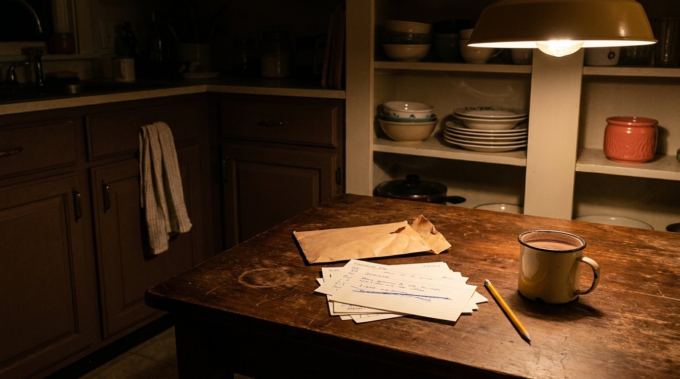 A worn wooden kitchen table under a low lamp, with handwritten cards, a pencil and a mug of cocoa