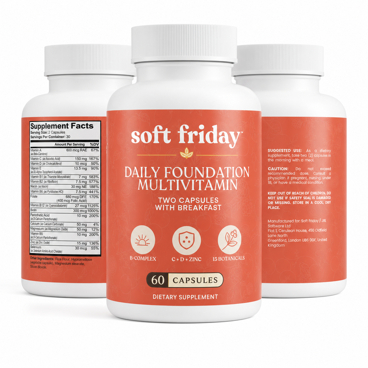 Three Soft Friday Daily Foundation Multivitamin bottles
