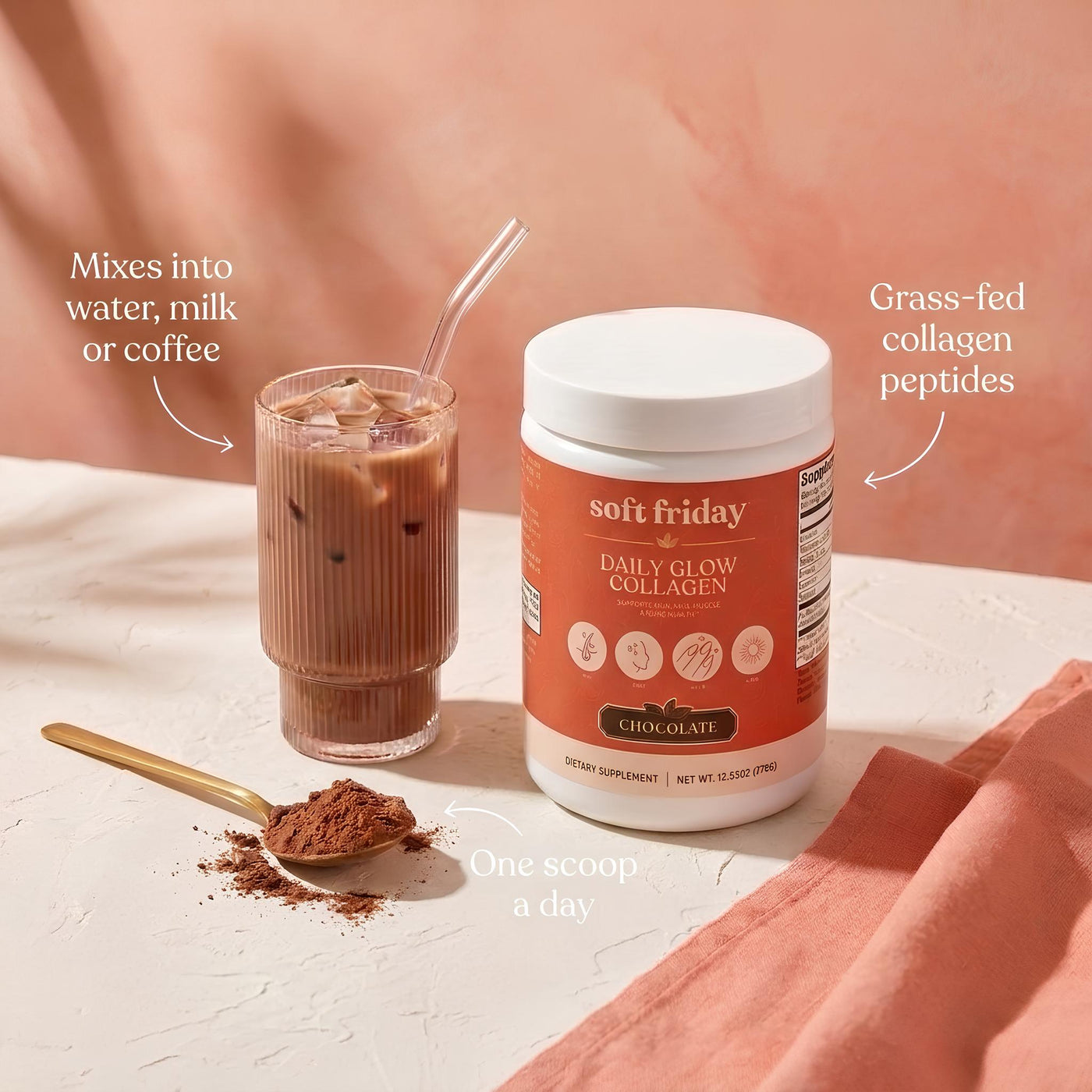 Soft Friday chocolate collagen tub with iced mocha and a scoop of cocoa powder
