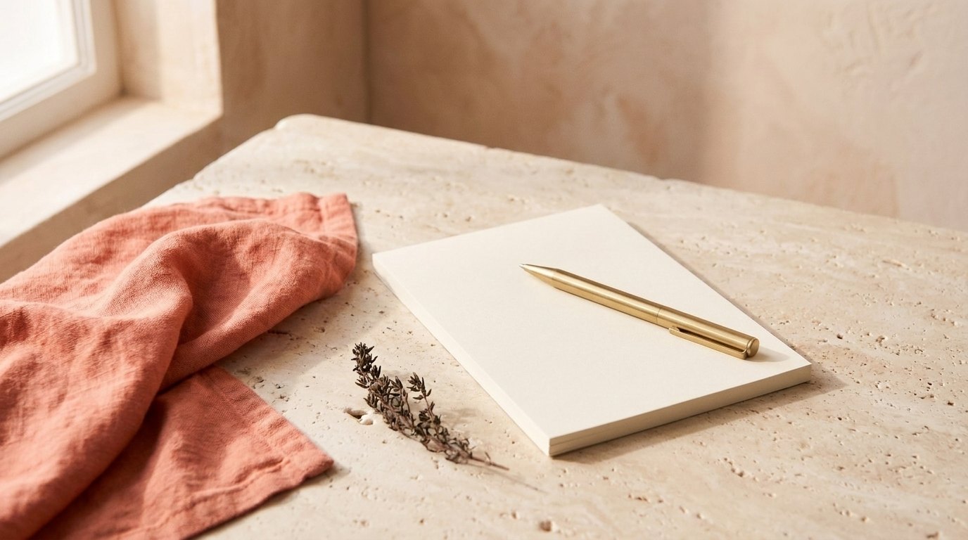 A blank pad of cream paper and a brass pen on a travertine table beside coral linen