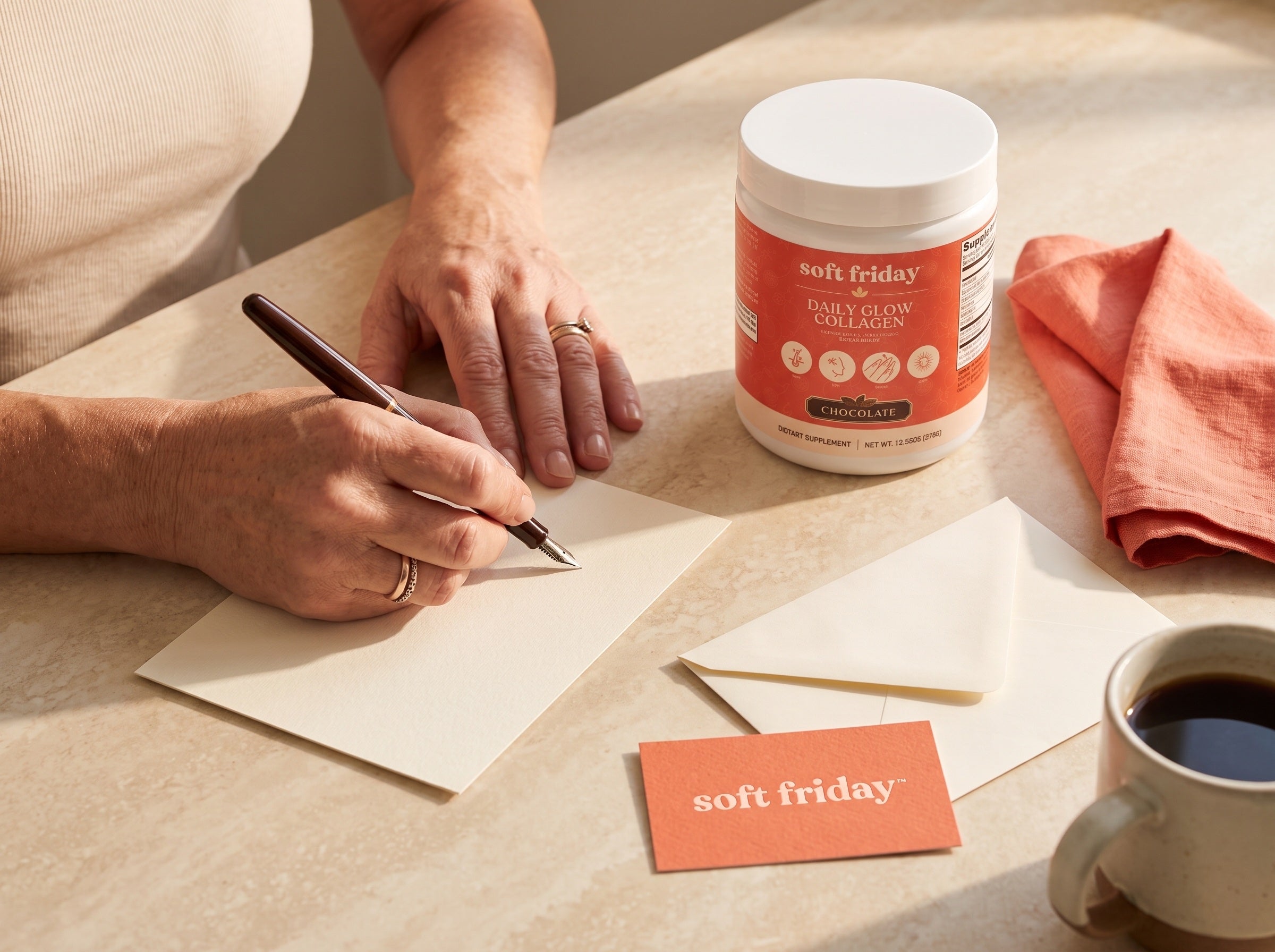 Hands writing a customer reply beside Soft Friday Daily Glow Collagen