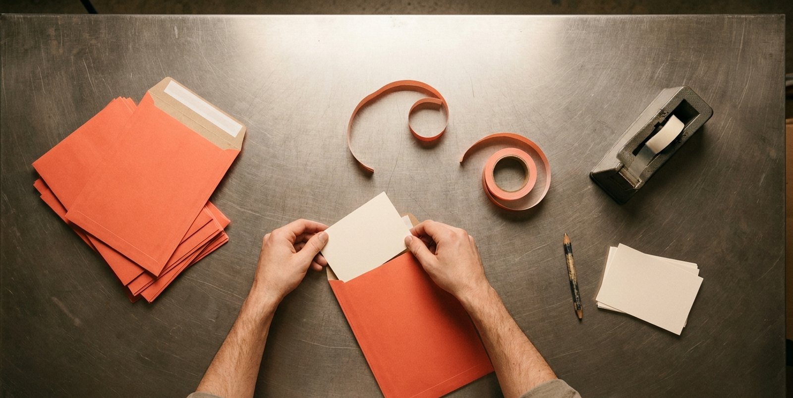 Hands sliding a cream card into a coral mailer on a packing bench