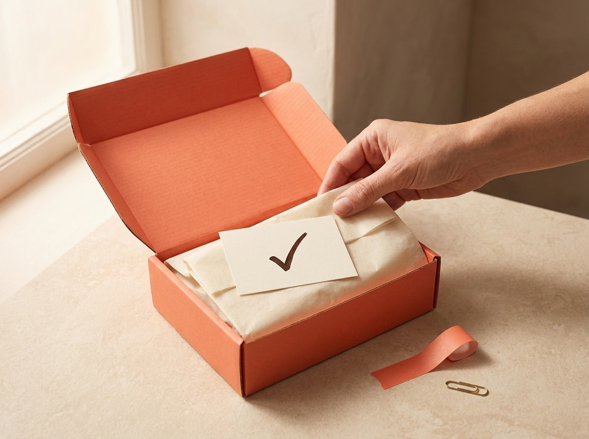A hand packing a coral parcel with a handwritten check card