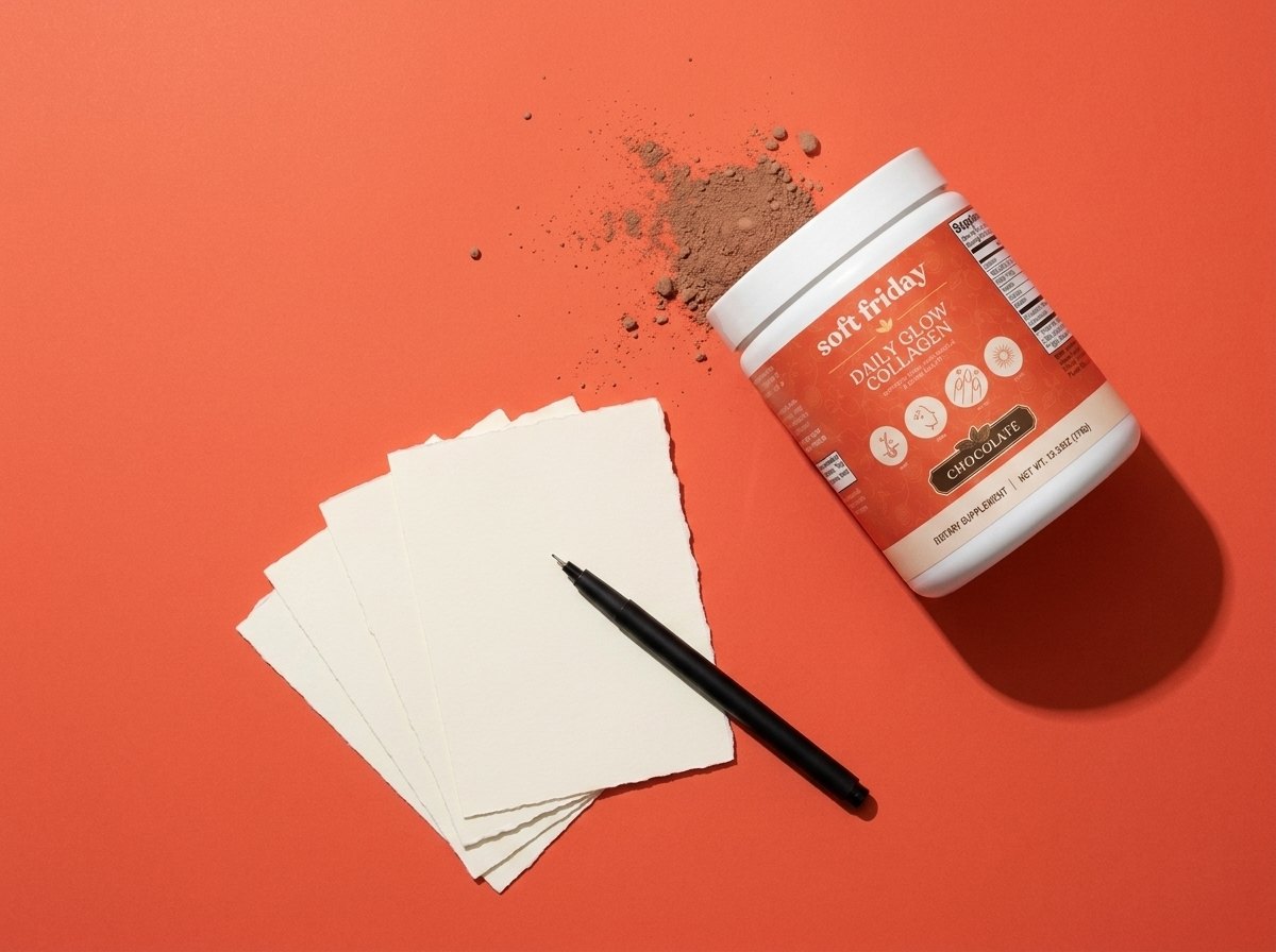 Blank cream note cards, a black fine-liner pen and a tub of Daily Glow Collagen arranged on a coral paper background
