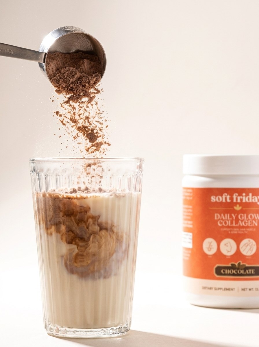 A scoop of chocolate Daily Glow Collagen powder falling into a fluted glass of oat milk against a bright white studio background