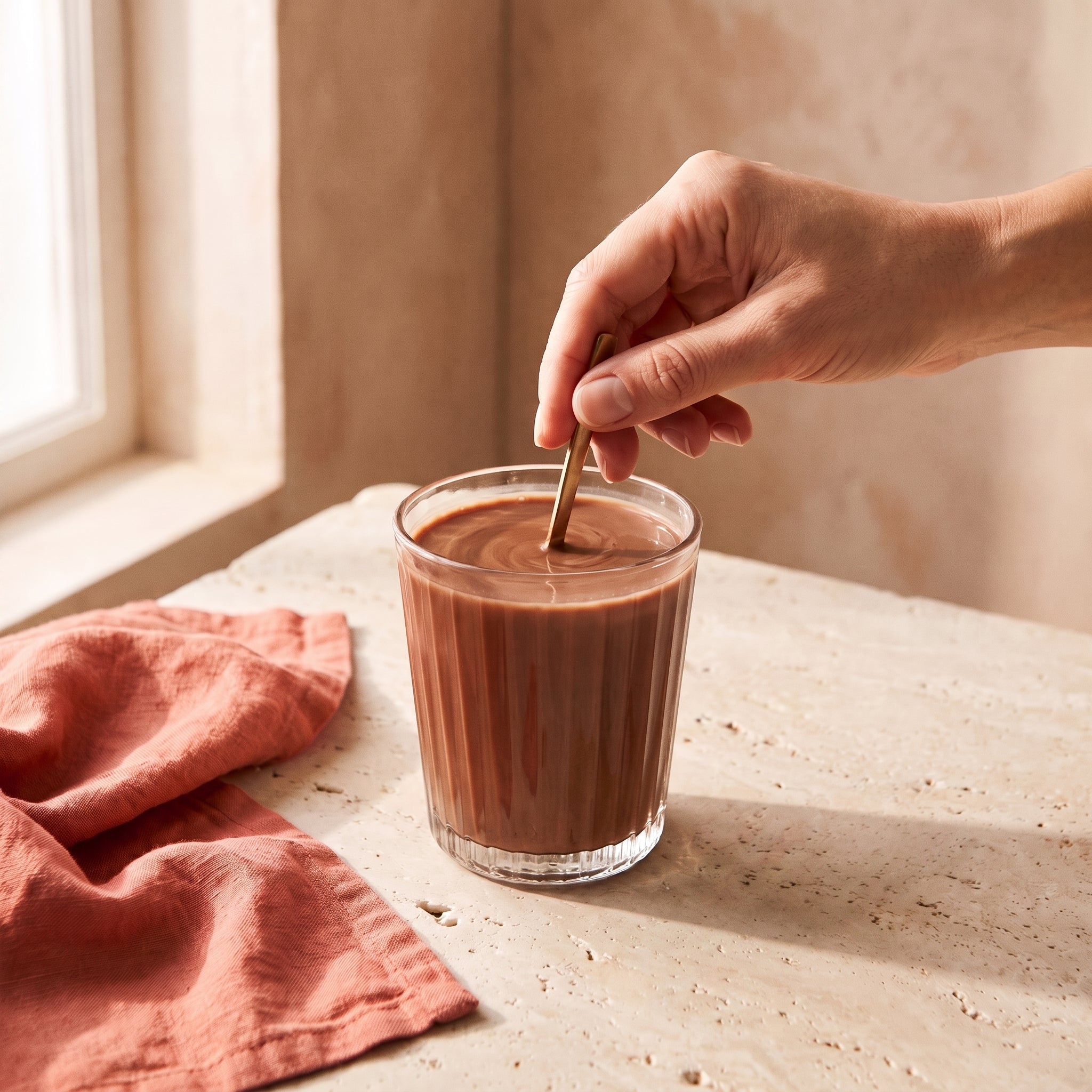 A hand stirring a chocolate collagen drink in a ribbed glass