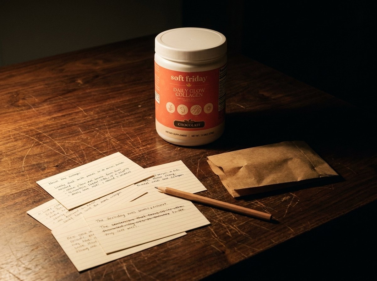 A tub of Soft Friday Daily Glow Collagen on a dark wooden table beside handwritten notes and a pencil
