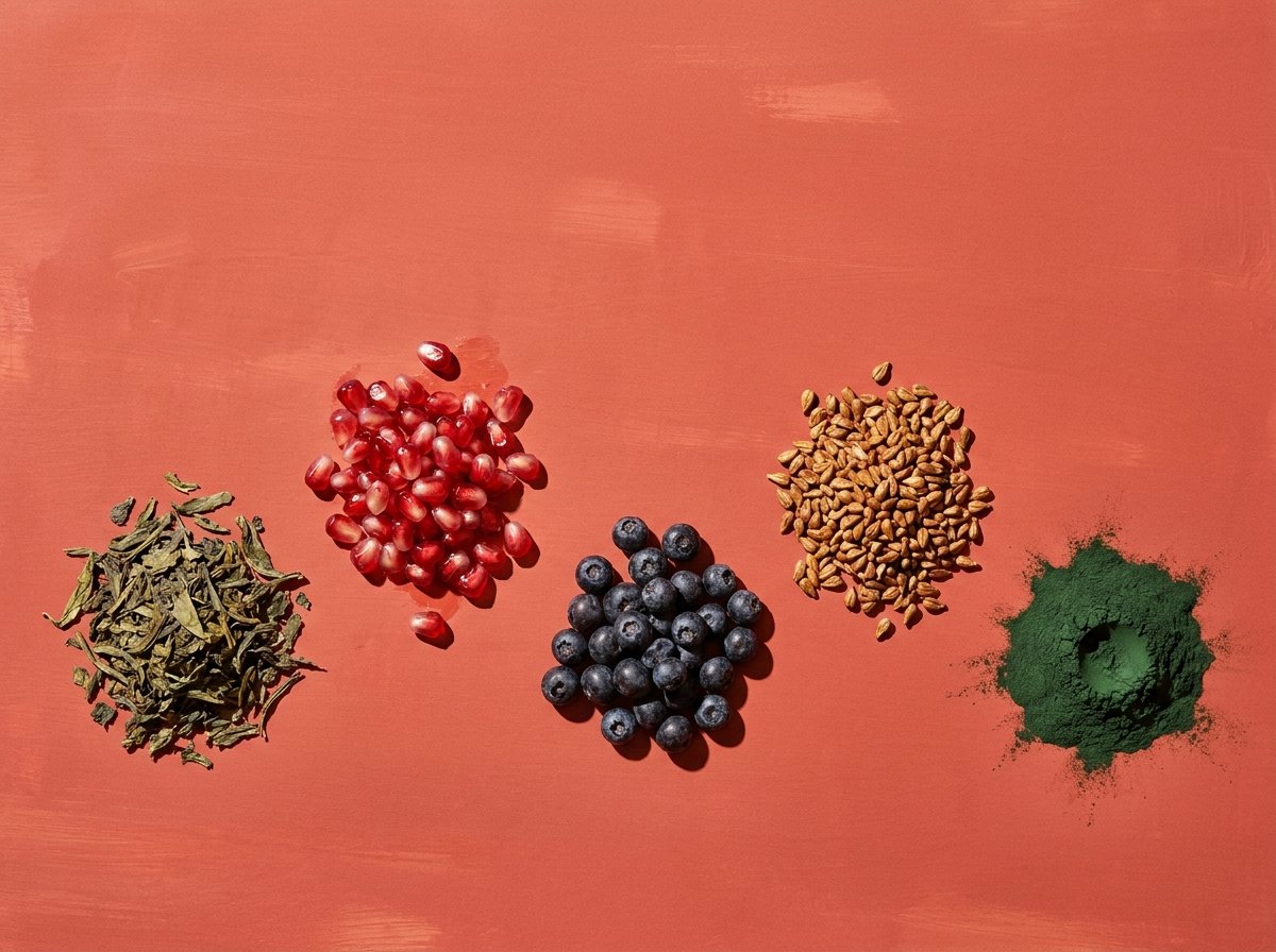 Overhead view of five heaps of raw ingredients on a painted coral board: dried green tea leaves, pomegranate arils, dark berries, grape seeds and deep green spirulina powder